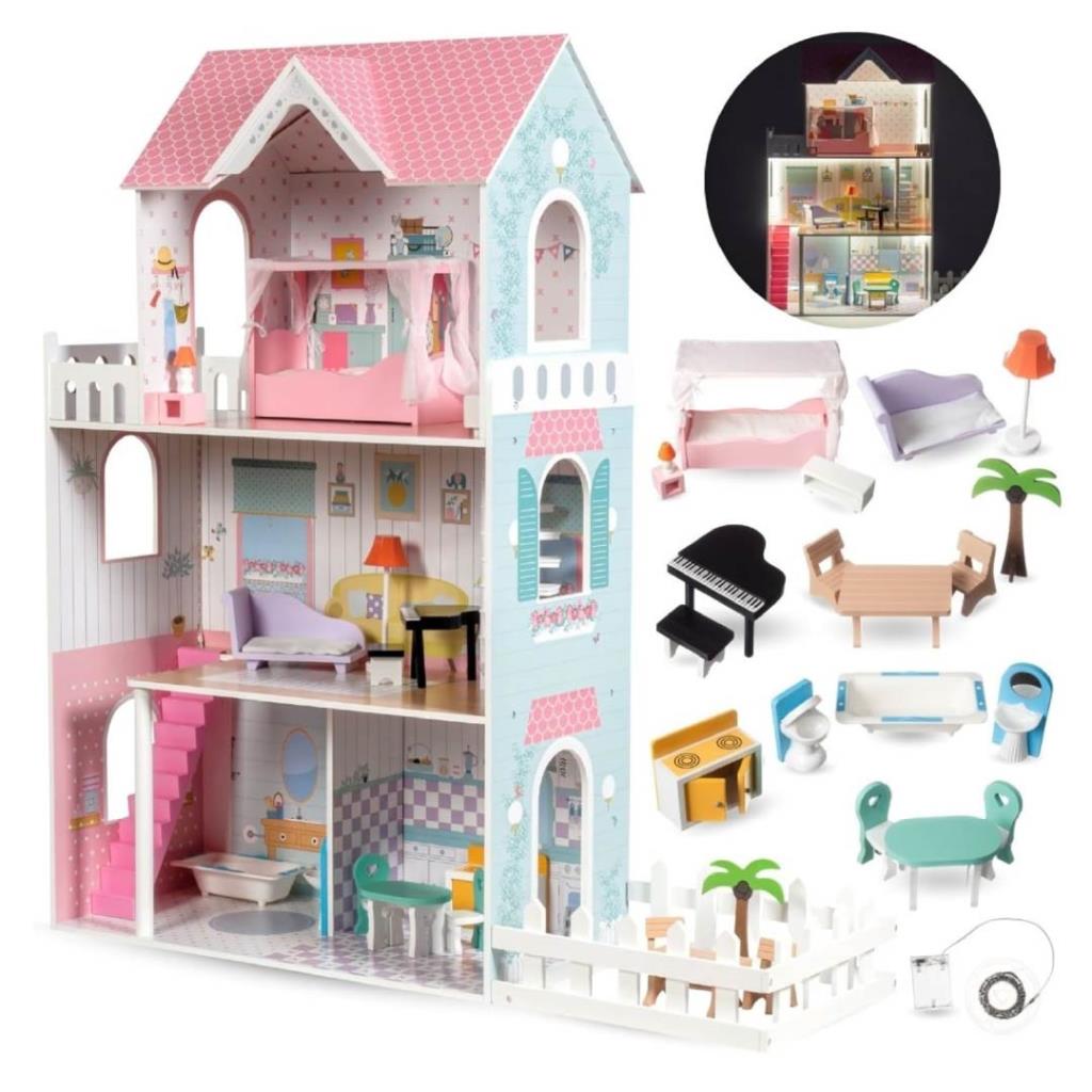 Large Wooden Dollhouse with Furniture & LED Lights – Multi-Level Playhouse
